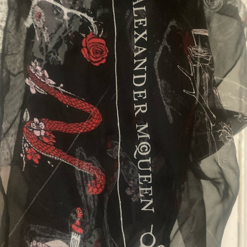 Alexander McQueen Black Scarf with Red and White Design